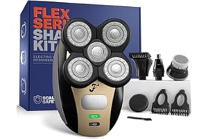 Freebird FlexSeries Electric Head & Body Hair Shaver - Mens Cordless Rechargeable Wet/Dry Skull Bald Head Back & Groin Waterproof Razor with Rotary Blades, Clippers, Nose Trimmer, Brush, Massager