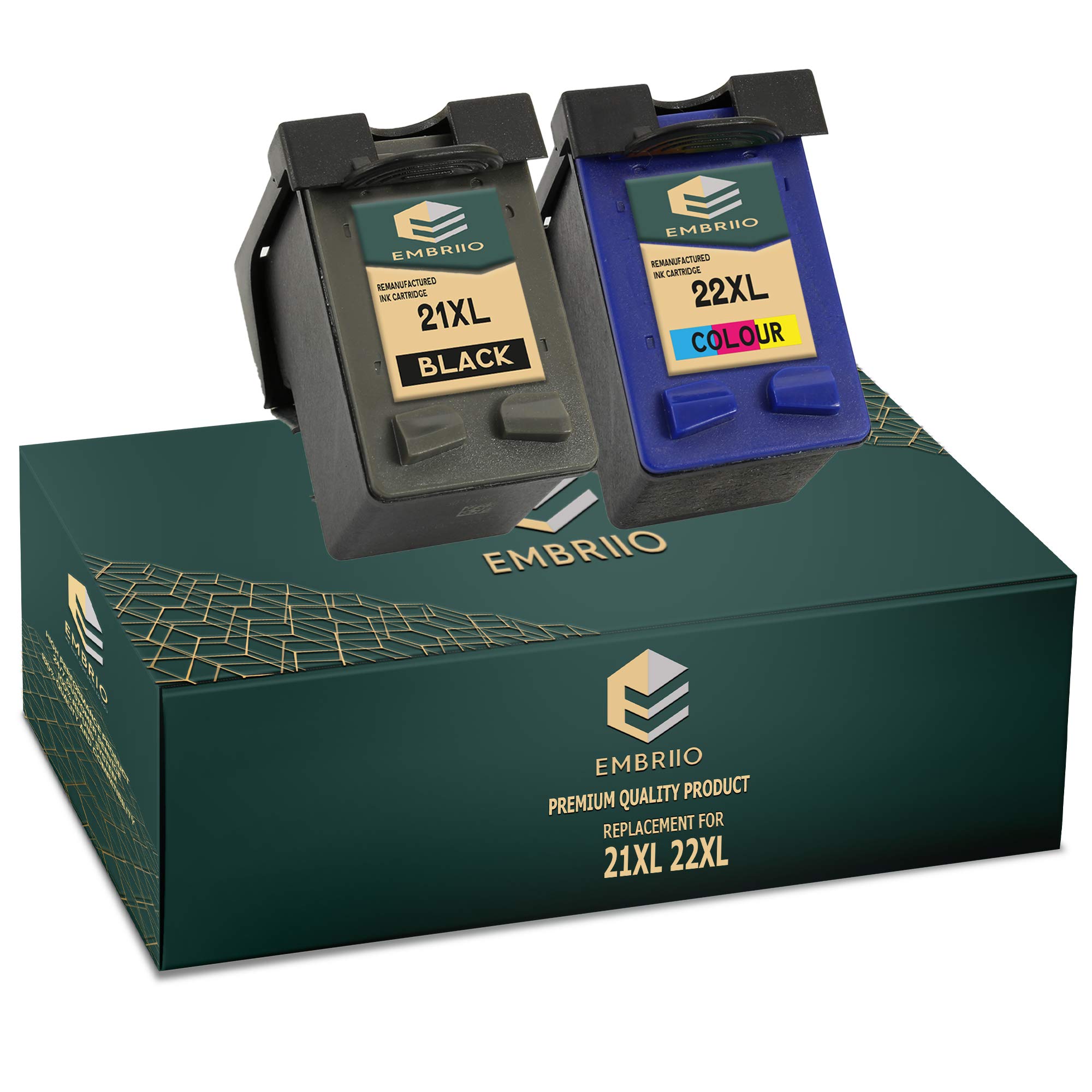 EMBRIIO 21XL 22XL Set of 2 Compatible Ink Cartridges 21 22 Replacement for HP Deskjet F2120 F2180 F2280 F335 F375 F380 F390 F4180 F4190 3940 D1460 D1530 D2360 D2460 Officejet 4315 4355 PSC 1410 1415