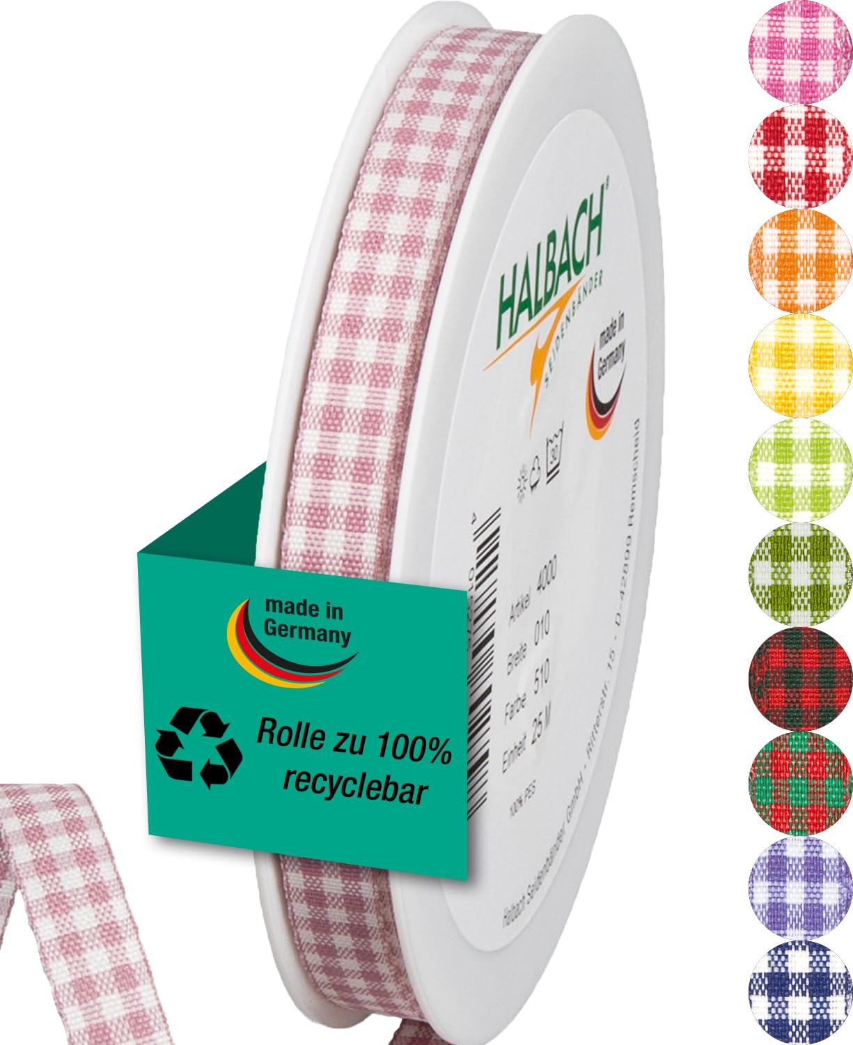Halbach Seidenbänder Premium Vichy Checked Gift Ribbon (Pale Berry) | Width 10 mm Length 25 m | Checked Ribbon Made in Germany | Checked Ribbon in Many Colours