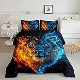 Manfei Wild Lion Comforter Set for Kids Orange Blue Flame Misty Bedding Set Lion Africa Animal Bedding Home Decor Soft Polyester Comforter King Size 3 Pieces Quilted Duvet with 2 Pillowcase