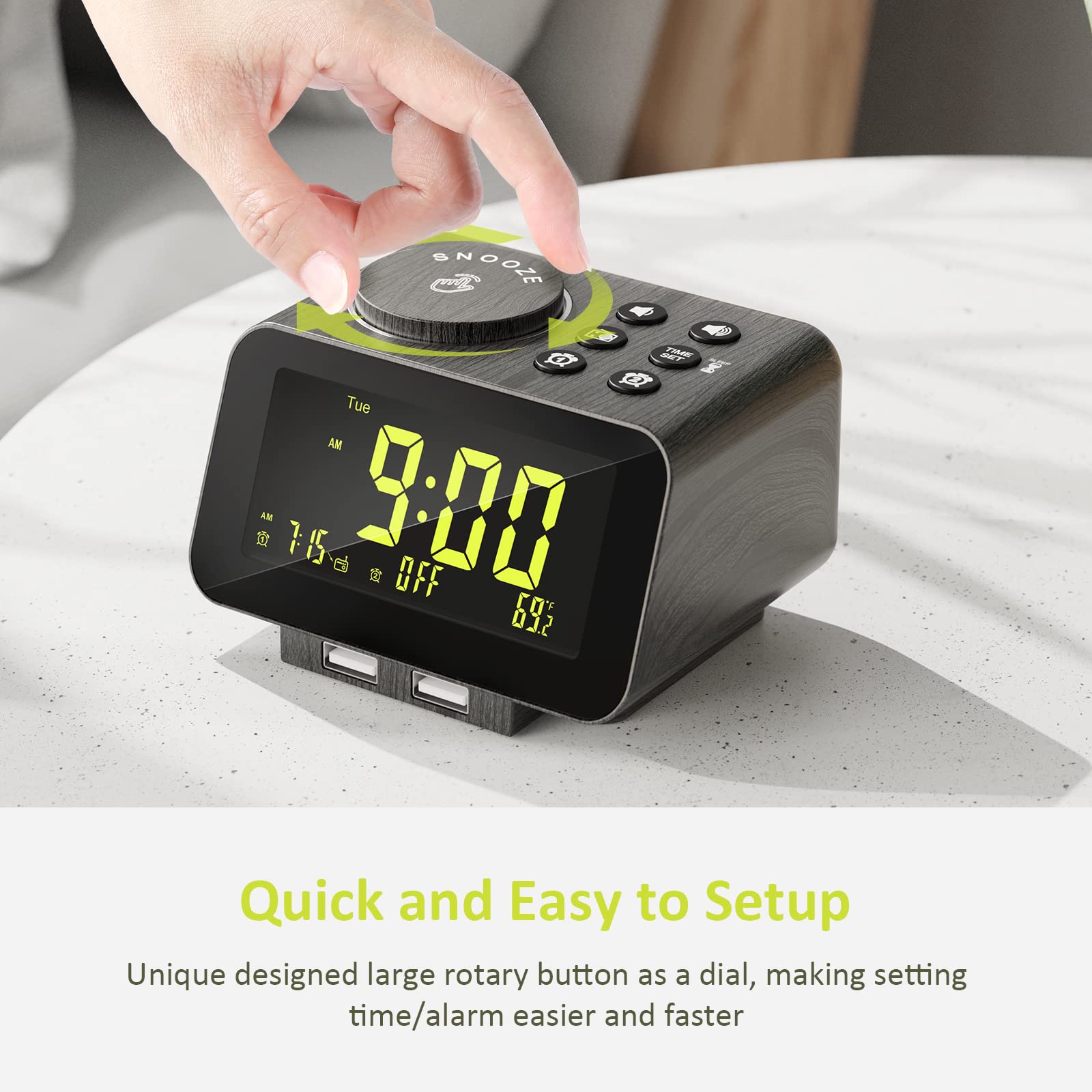 uscce Alarm Clock Radio for Bedroom - 0-100% Dimmer, 2 USB Chargers, Dual Alarm with Weekday/Weekend Mode, FM Radio w/Auto-Off Timer, Battery Backup, Loud Alarm Clock for Heavy Sleeper(Wood Grain)