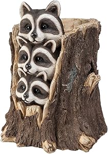 Wind & Weather Solar Three Raccoons in a Stump Sculpture 14.5'' Dia. x 18.25''H