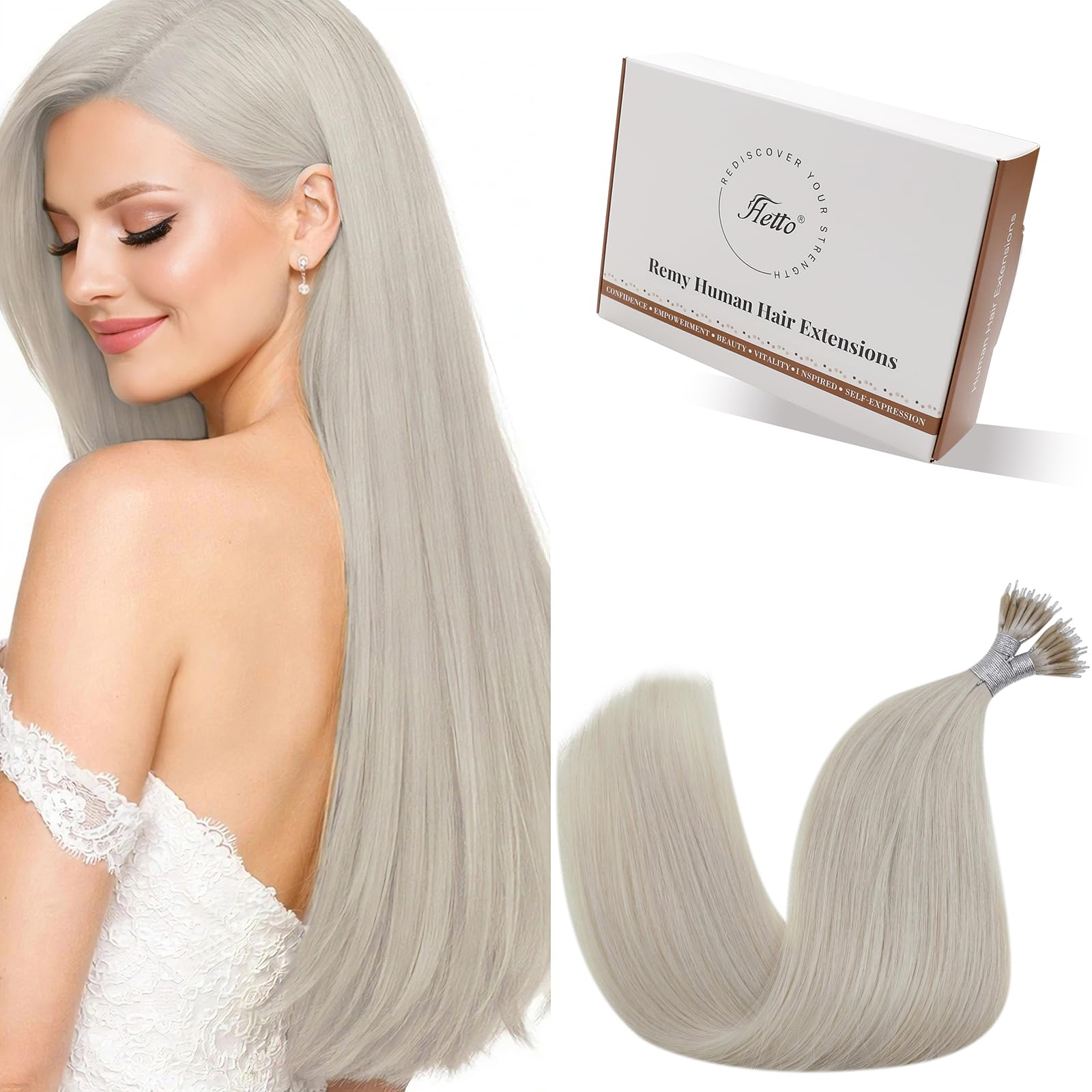 Hetto Nano Hair Extensions Real Human Hair Blonde - Invisible Nano Rings Hair Extension, Platinum Blonde Nano Beads Remy Hair Straight Fashion Styling for Party 50 strands 50 g 14 Inch #60 — image 1