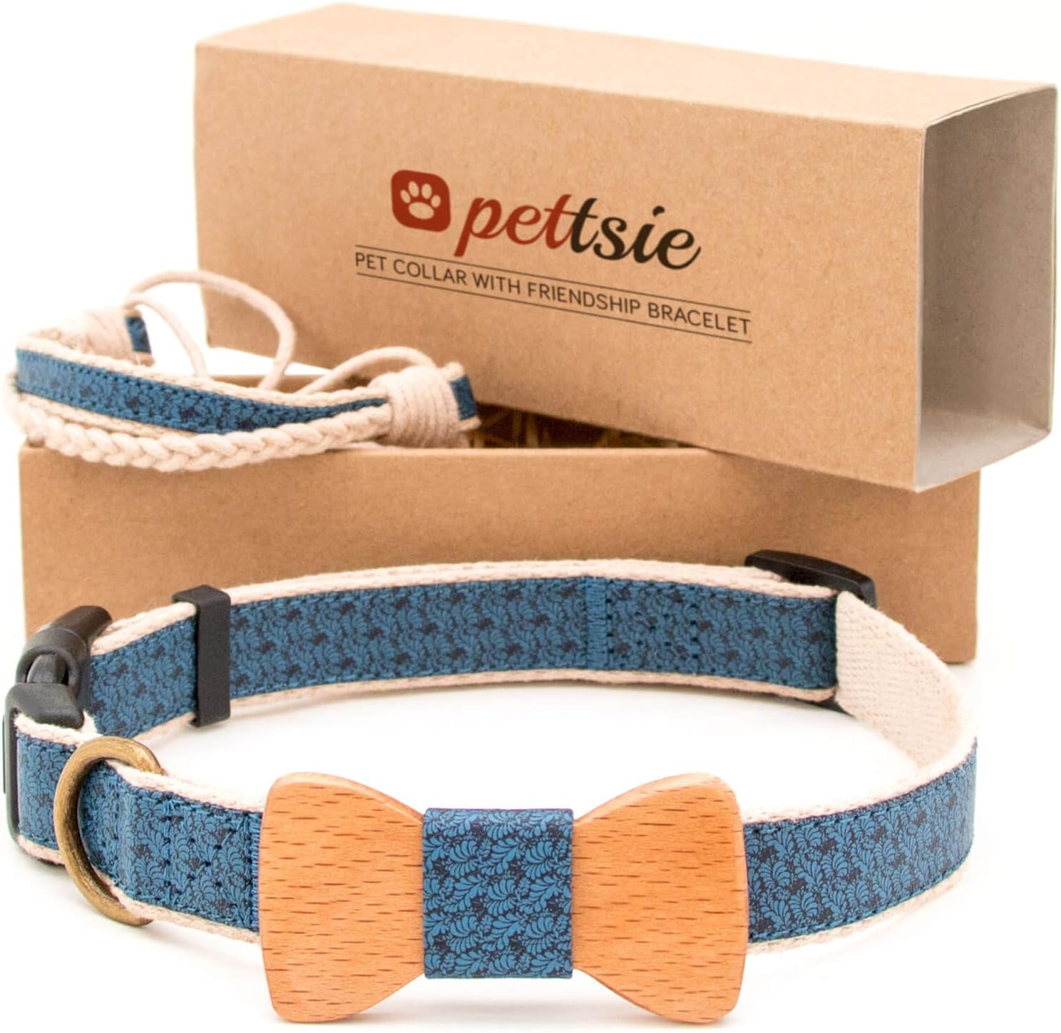 PettsieAdjustable Dog Bow Tie Collar with Matching Owner Friendship Bracelet – Stylish & Durable Pet Accessory, Soft Hemp & Cotton, Secure D-Ring, Gift-Ready Set, Medium, Blue
