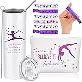 Junkin 3 Pcs Gymnastics Gifts for Women Include Stainless Steel Tumbler with Straw Makeup Bag Elastics Hair Ties for Gymnastics Lover(Purple)