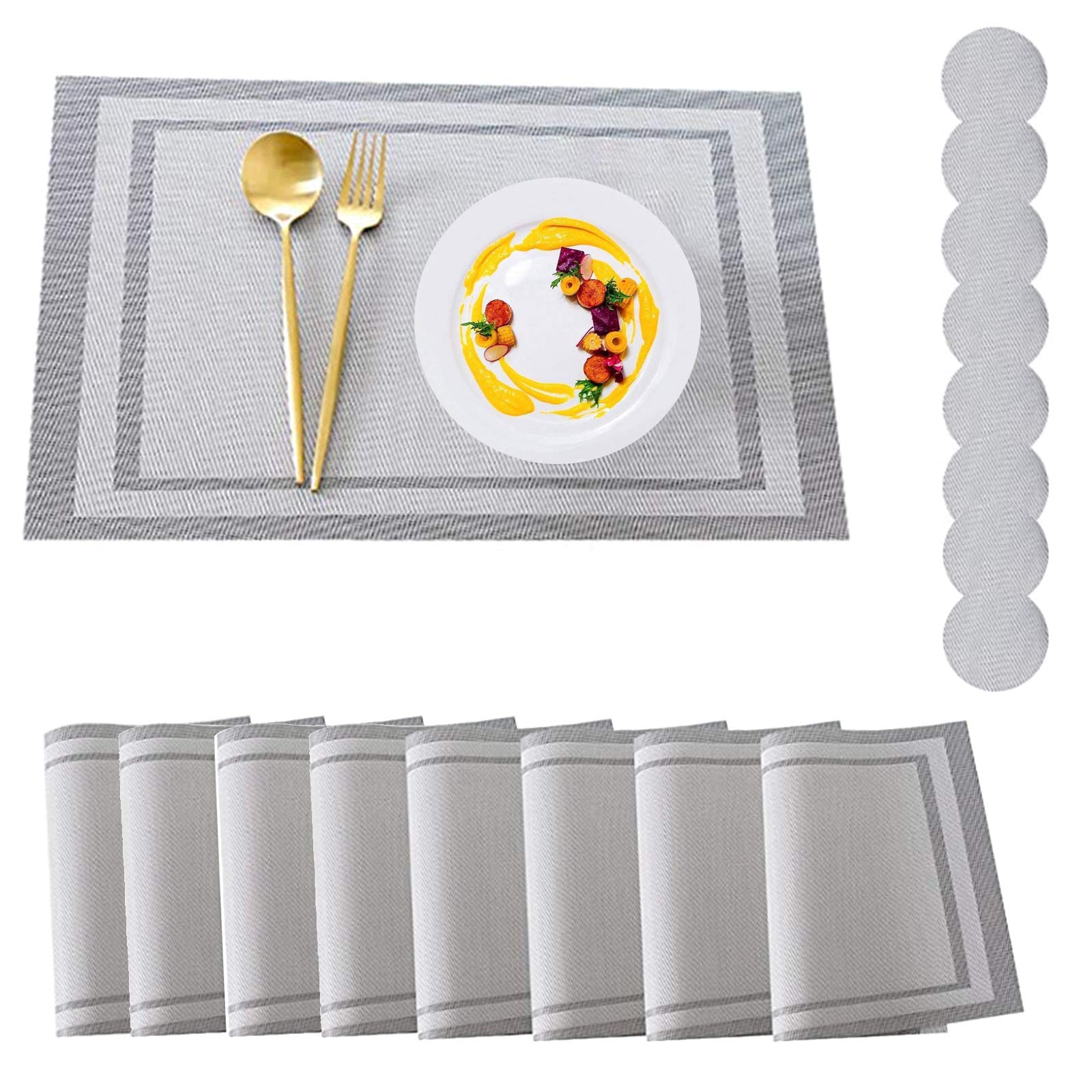 Placemats, Placemats and Coaster Sets 8, PVC Heat-resistant Table Mats Set Washable with 8 x Non-slip Placemats + 8 x Round Coasters for Kitchen Dining Table (Silver)