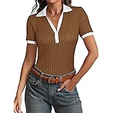 Cicy Bell Womens Fitted V Neck Polo Shirts Summer Short Sleeve Textured T-Shirts Ribbed Knit Dressy Casual Tops