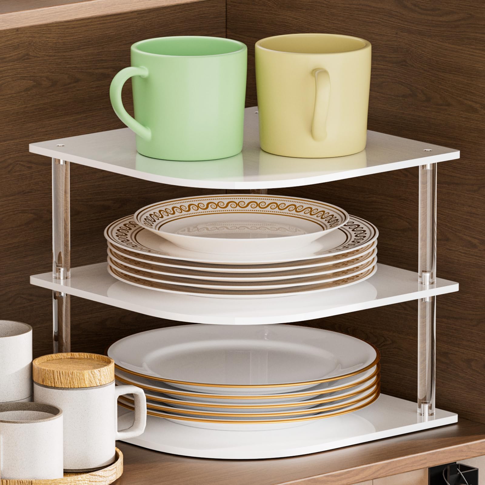 Photo 1 of *MISSING PARTS*
Plate Organizer for Cabinet Space Saver - Acrylic Corner Shelf for Dishes, Bowls, 3-Tier Kitchen Countertop Cabinet Organization, Dinner Plates Holder, and Small Shelf for Bathroom Storage - White
