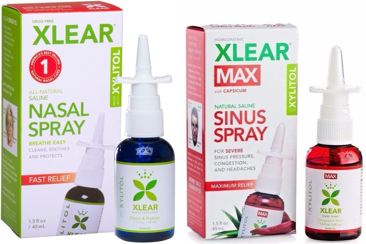 XLEAR MAX Homeopathic Nasal Spray and Xylitol and Saline Nasal Spray Bundle With Capsicum, Aloe Vera and Grapefruit Seed Extract, For Immediate Relief from Nasal Congestion, 1.5 fl. oz each
