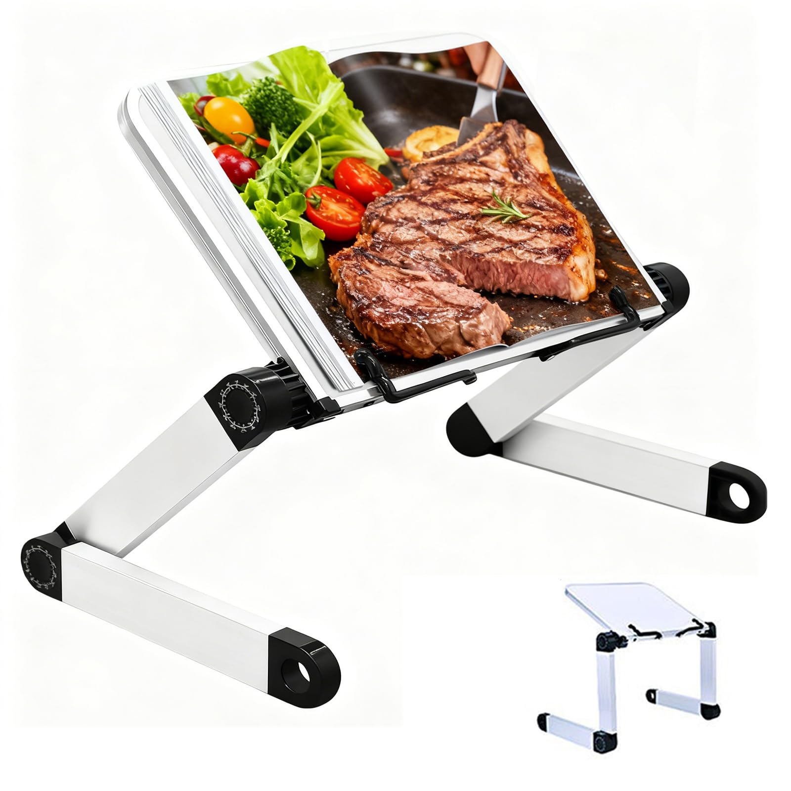 Desktop Book Holder -Height and Angle Adjustable Hands Free Book Stand for Desk, Textbook Holder with Aluminum Arms and Binder Clips,Book Reading Stand for Big Heavy HardCover,Recipe and iPad Laptop