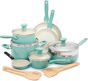 GreenPan Rio Healthy Ceramic Nonstick, Cookware Pots and Pans Set, 16 Piece, Turquoise