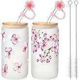 Baderke 2 Sets Cherry Blossom Glass Cup 16 oz Aesthetic Sakura Coffee Cup with Bamboo Lid Straw Cleaning Brush and Flowers Straw Cover Cap for Valentine's Day Wedding Birthday Gift(Frosted Style)