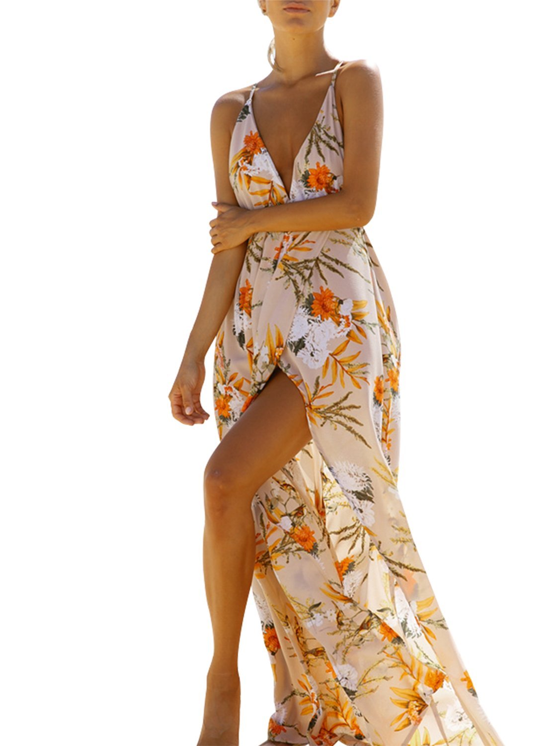 Deep V Neck Backless Floral Printed Maxi Dresses Deep V Neck Backless Floral Printed Maxi Dresses