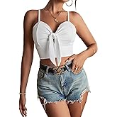 Rooscier Women's Sleeveless Tie Front V Neck Spaghetti Strap Sexy Crop Cami Tops White X-Large