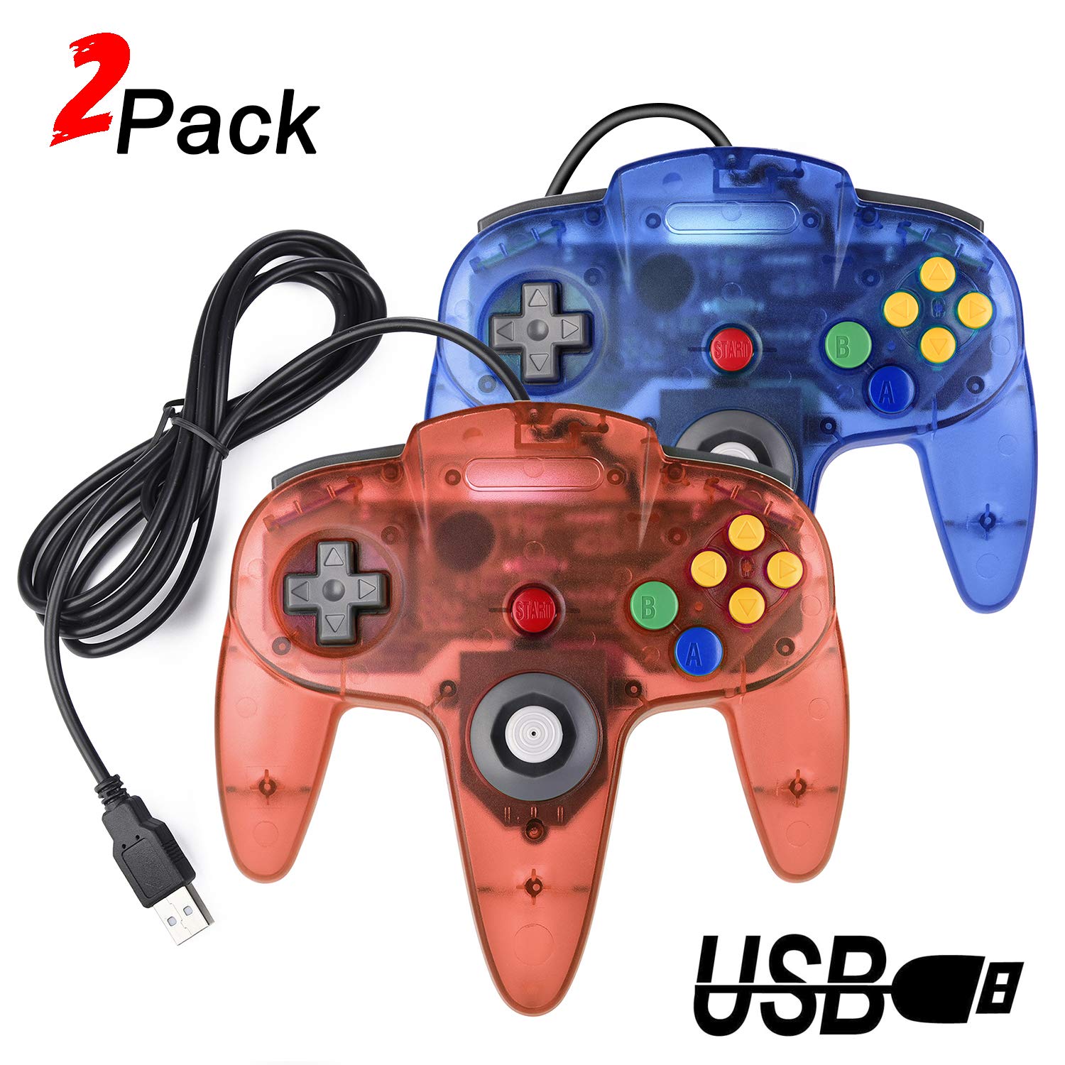 2 Packs USB Retro Controllers for N64 Gaming, miadore PC Classic N64 Game Pad Joypad for Windows PC MAC Raspberry Pi (Clear Blue& Red)