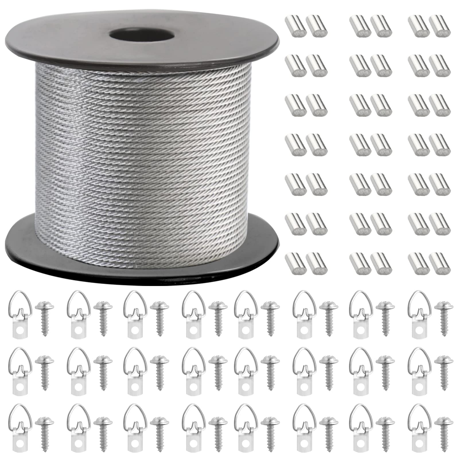 Picture Hanging Wire Kit Braided Stainless Steel Wire Spool 1.5 mm x 100 Feet with 30 Pcs D-Ring Picture Hangers and 30 Screws and 30 Crimp Tube Scientific Ratio. Supports up to 110 lbs