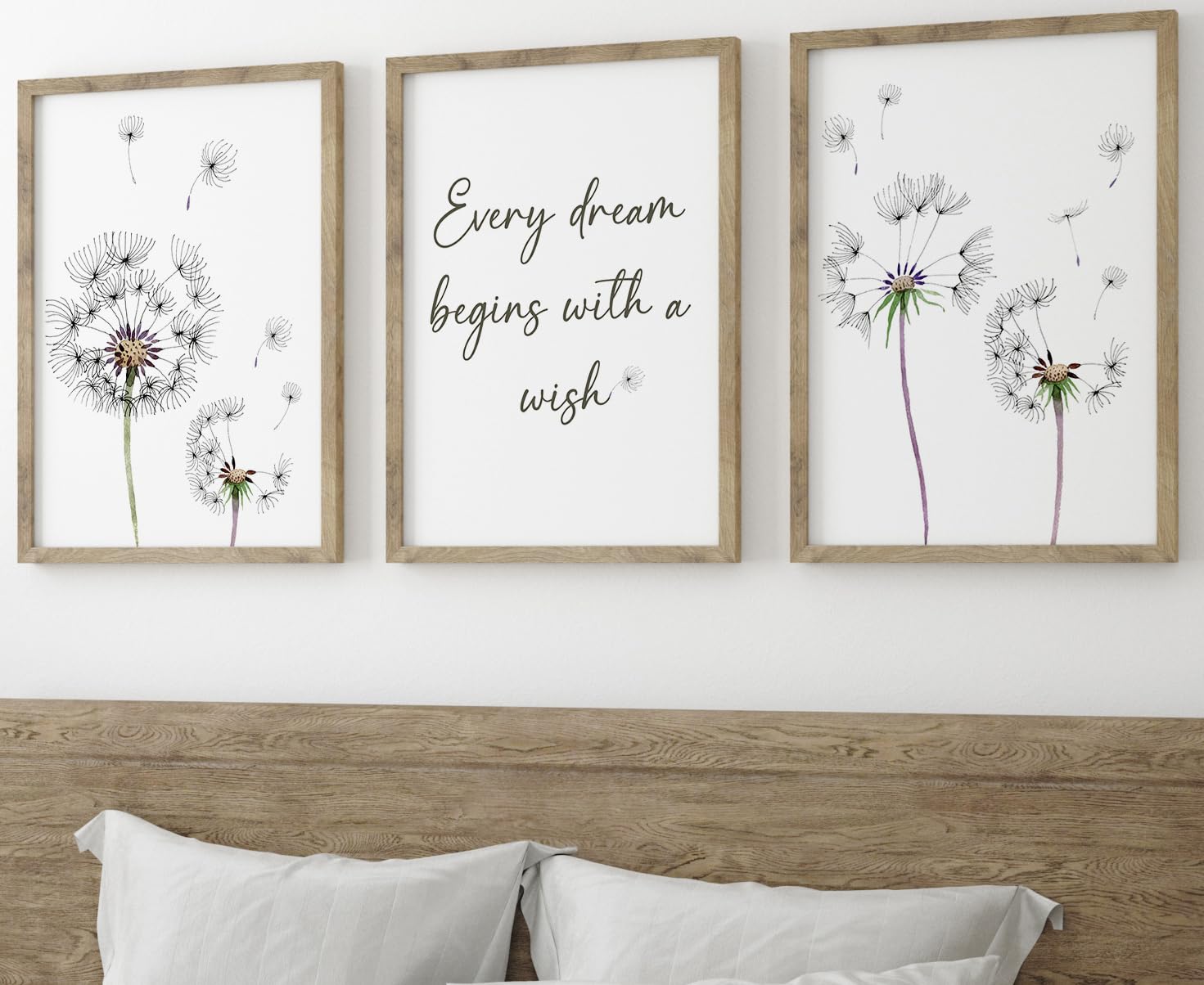 Eviepops Prints Dandelion Quote Wall Art Set of 3 Unframed Prints, Plant Decor, Living Room Bedroom Poster Home Decor, Every Dream Begins with a Wish (A4)