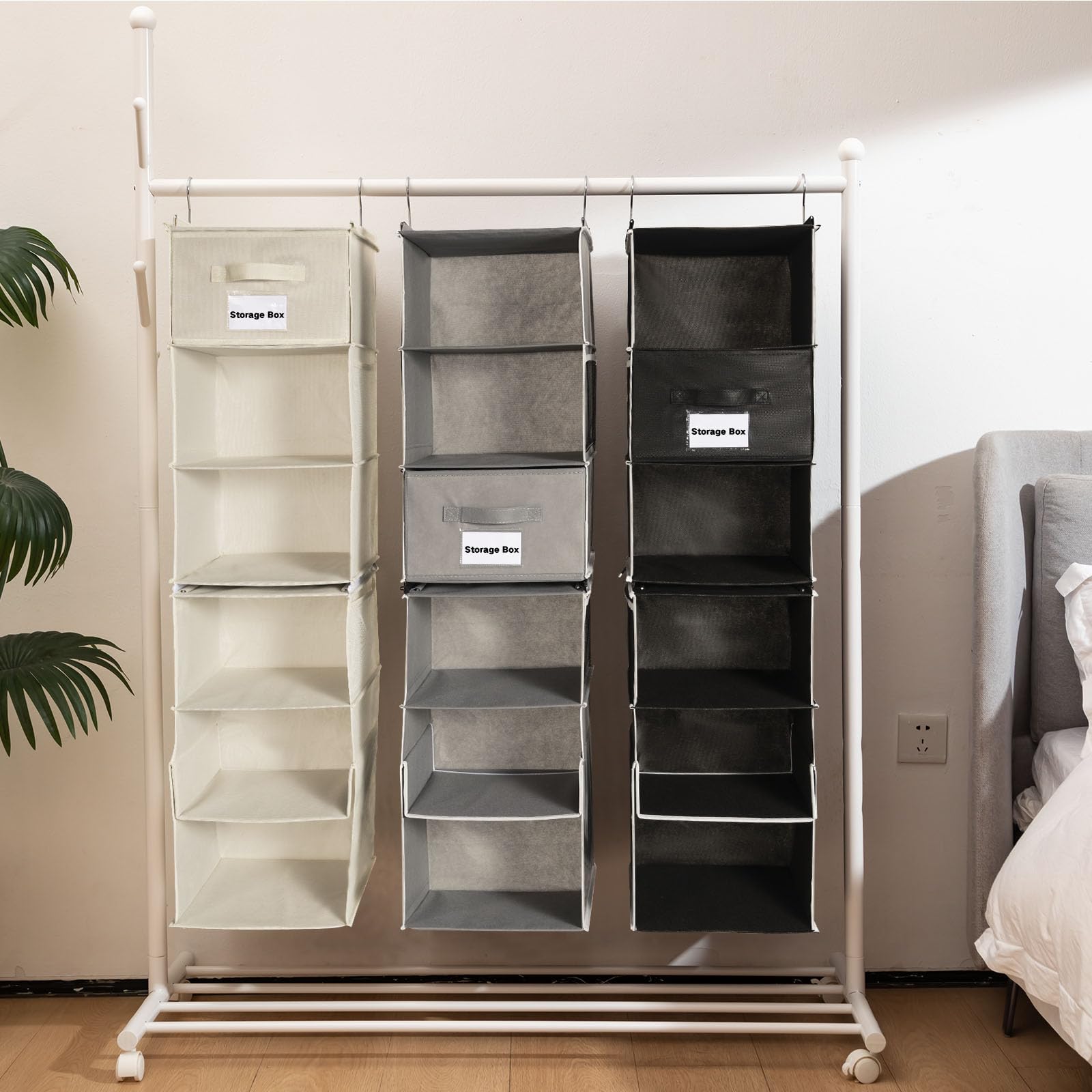 BrilliantJo Hanging Wardrobe Organiser 6 Shelves with 1 Removable Drawers Flexible 1 Split into 2(2X3 shelf) Closet Storage, hanging Shelves Unit with 4 Pockets for Clothes - Black(12x 12 x 43.3 inch)