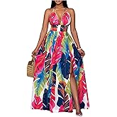 Floerns Women's Summer Long Dress Tropical Halter Neck Slit Hem Beach A Line Dresses