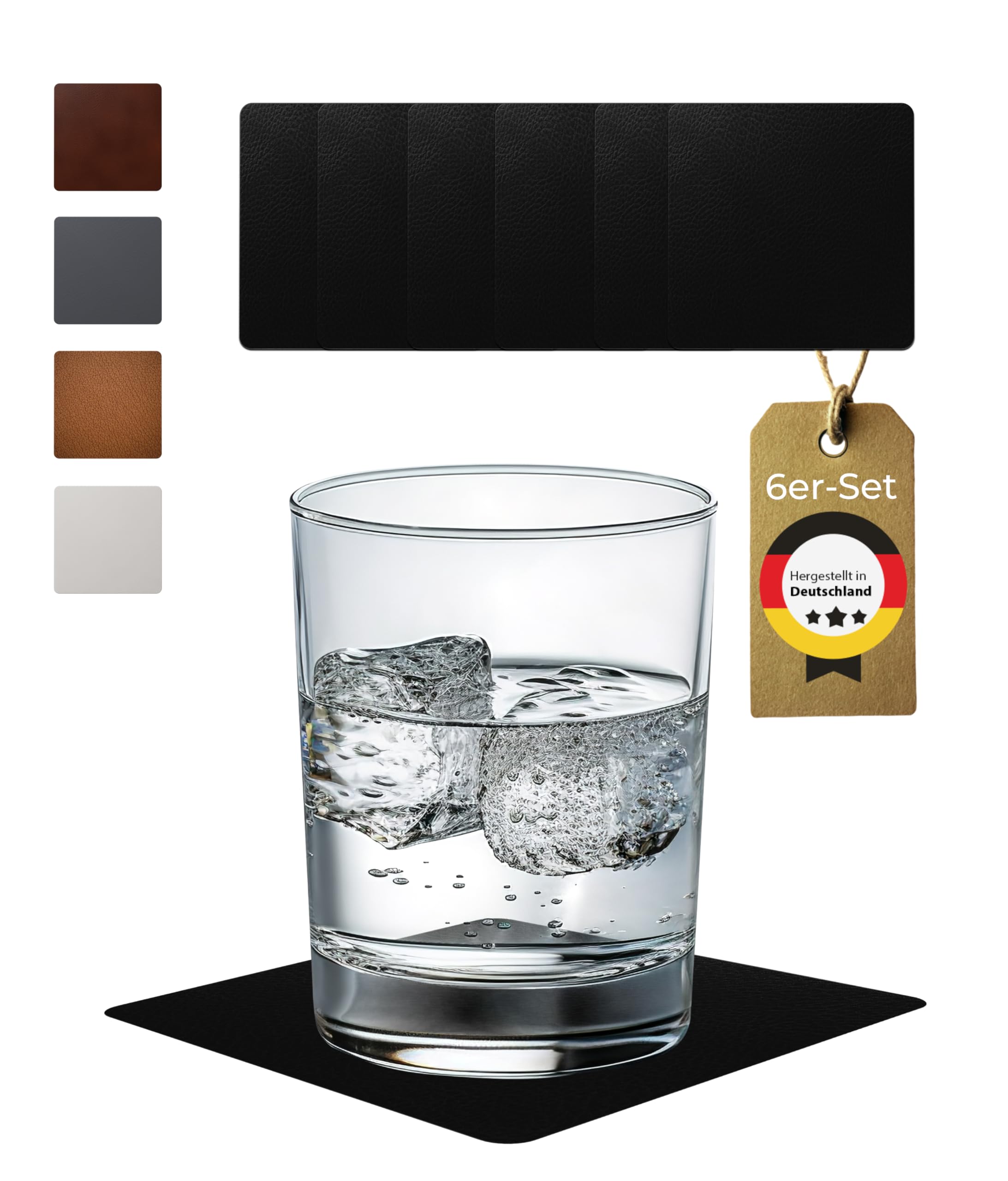 Glass Coasters Square Set of 6 Leather (Bonded Leather) Coaster Drinks Coasters – Colour: Black, 10 x 10 cm, Wipe-Clean Made in Germany (Black)