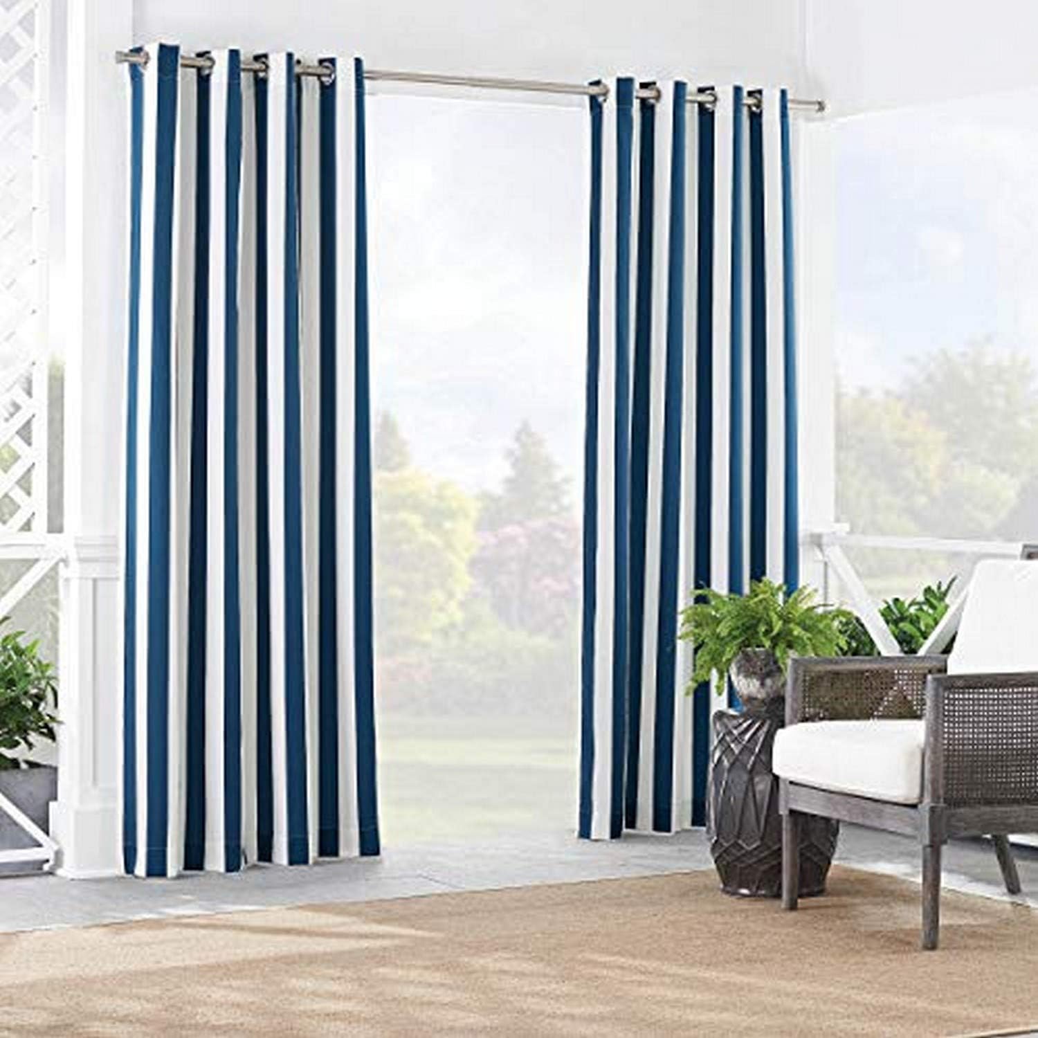 Outdoor Curtains - Waverly Sun n' Shade Solstice Stripe Indoor/Outdoor Light Blocking Grommet Top Curtains for Patio, Single Panel, 52