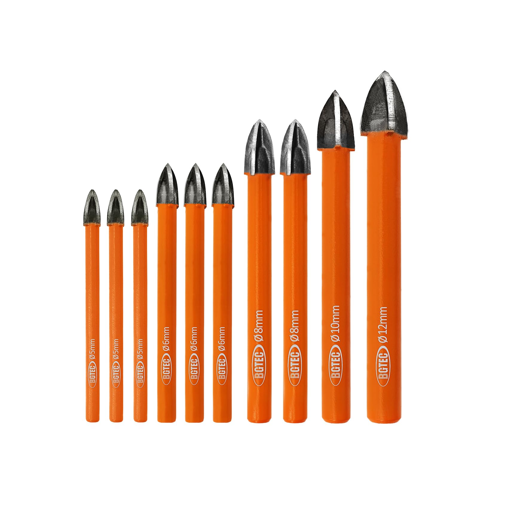 Carbide Tip Drill Bit-BGTEC Wood Drill Bits, 10pcs 5MM*3+6MM*3+8MM*2+10MM+12MM Round Shank Carbide Drill Bits for Wood Plastic Masonry Brick Granite