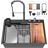 33x22 inch Waterfall Kitchen Sink Metal Black -Feibus 33inch Drop In Sink with Faucet Combo Double Step Workstation16 Gauge M