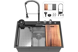 33x22 inch Waterfall Kitchen Sink Metal Black -Feibus 33inch Drop In Sink with Faucet Combo Double Step Workstation16 Gauge Multifunctional Stainless Steel Single Bowl