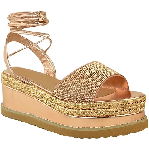 Fashion Thirsty Damen Sandalen mit Keilabsatz & Plateausohle - Schnürung Am Knöchel