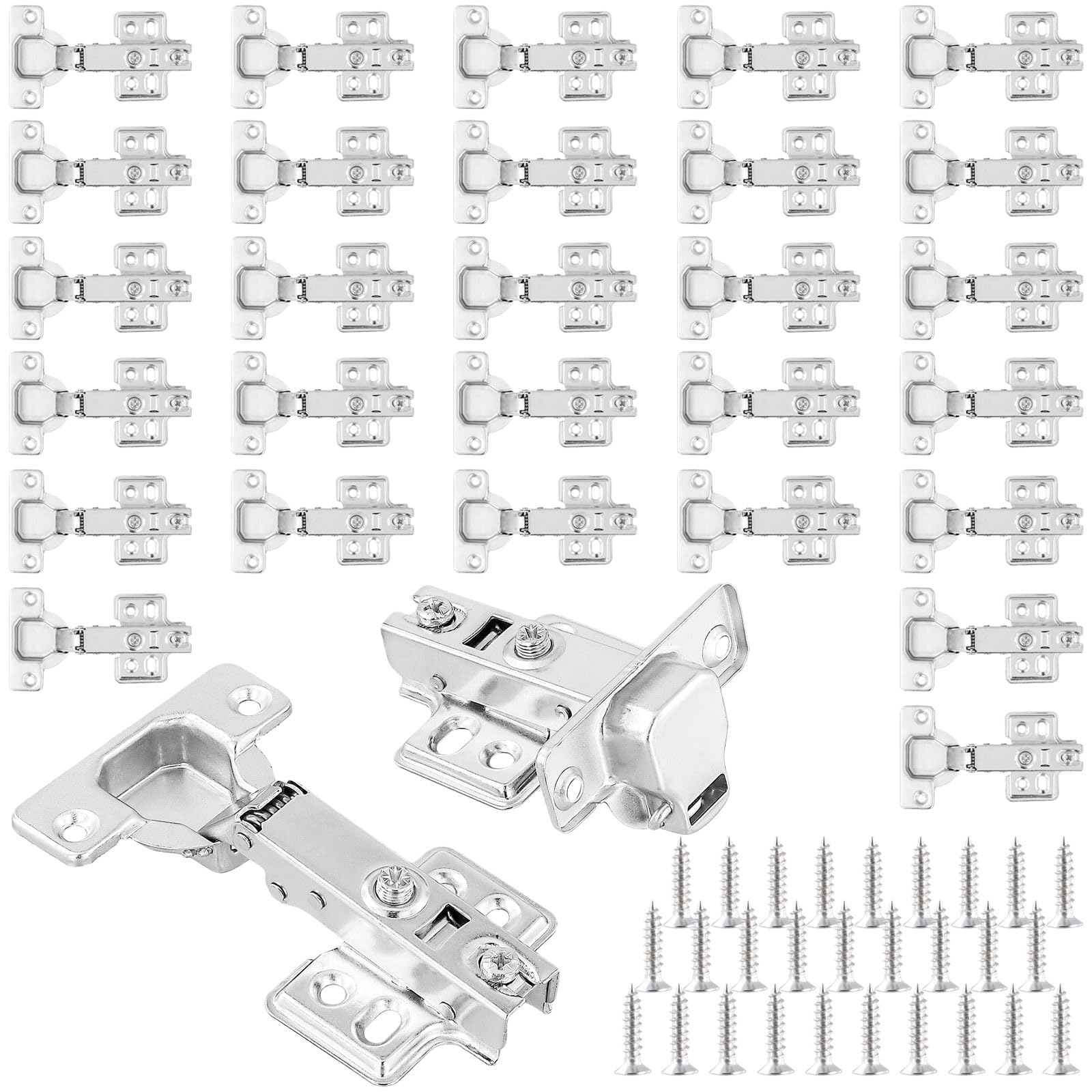 HONYUET 30 PCS Soft Slow Close Kitchen Cabinet Door Hinges, Full Overlay Cupboard Door Hinges with Screw for Kitchen Cabinet Wardrobe, Silver