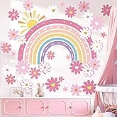 decalmile Large Boho Rainbow Wall Stickers Pink Daisy Flower Wall Decals Baby Nursery Bedroom Girls Room Home Decor