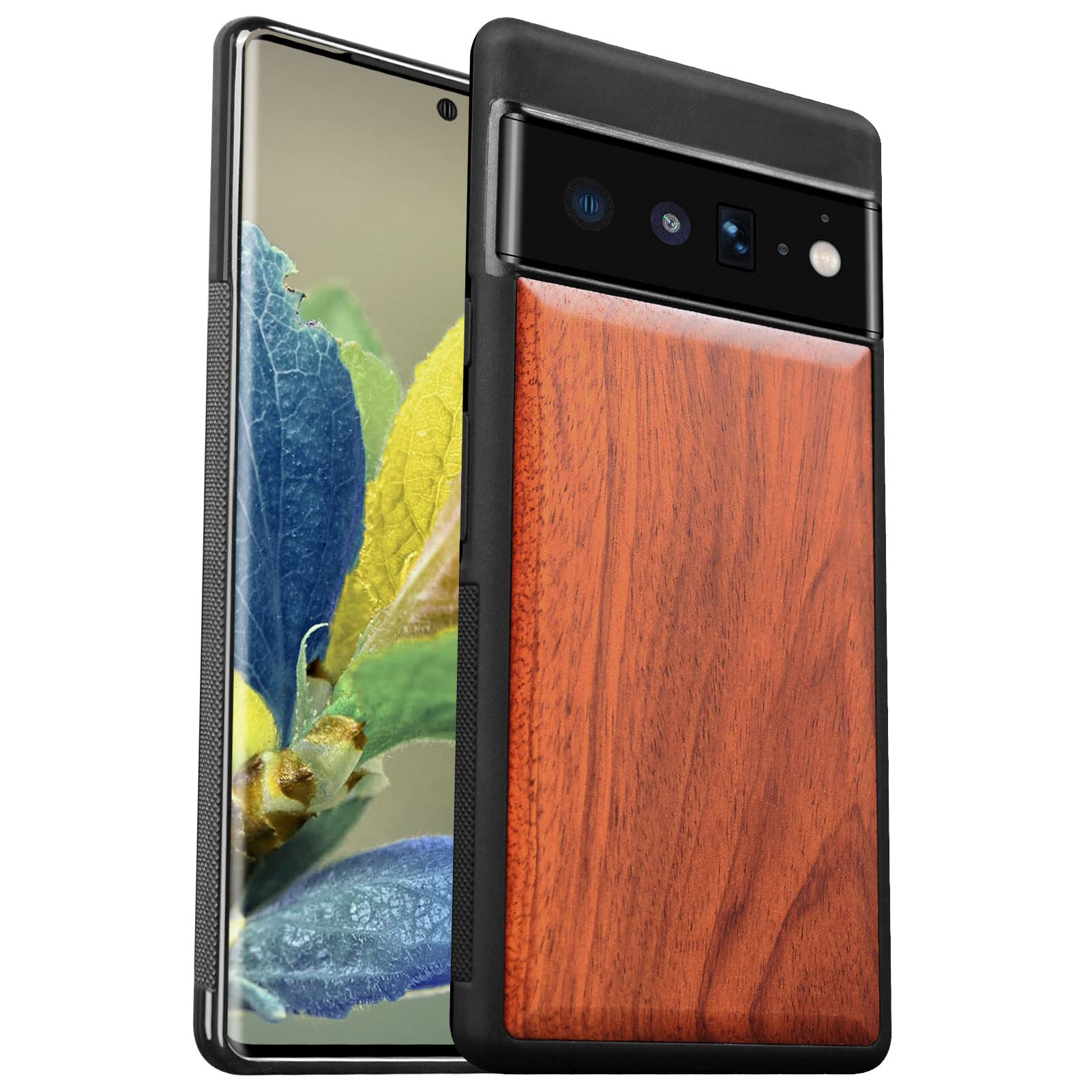 Carveit Natural Truly Wood Case for Google Pixel 6 Pro Minimalist Art Cover [Anti Fingerprint Anti Slip Comfortable Grip] Shockproof TPU Bumper Compatible with Pixel 6 Pro wooden Case (Rosy)