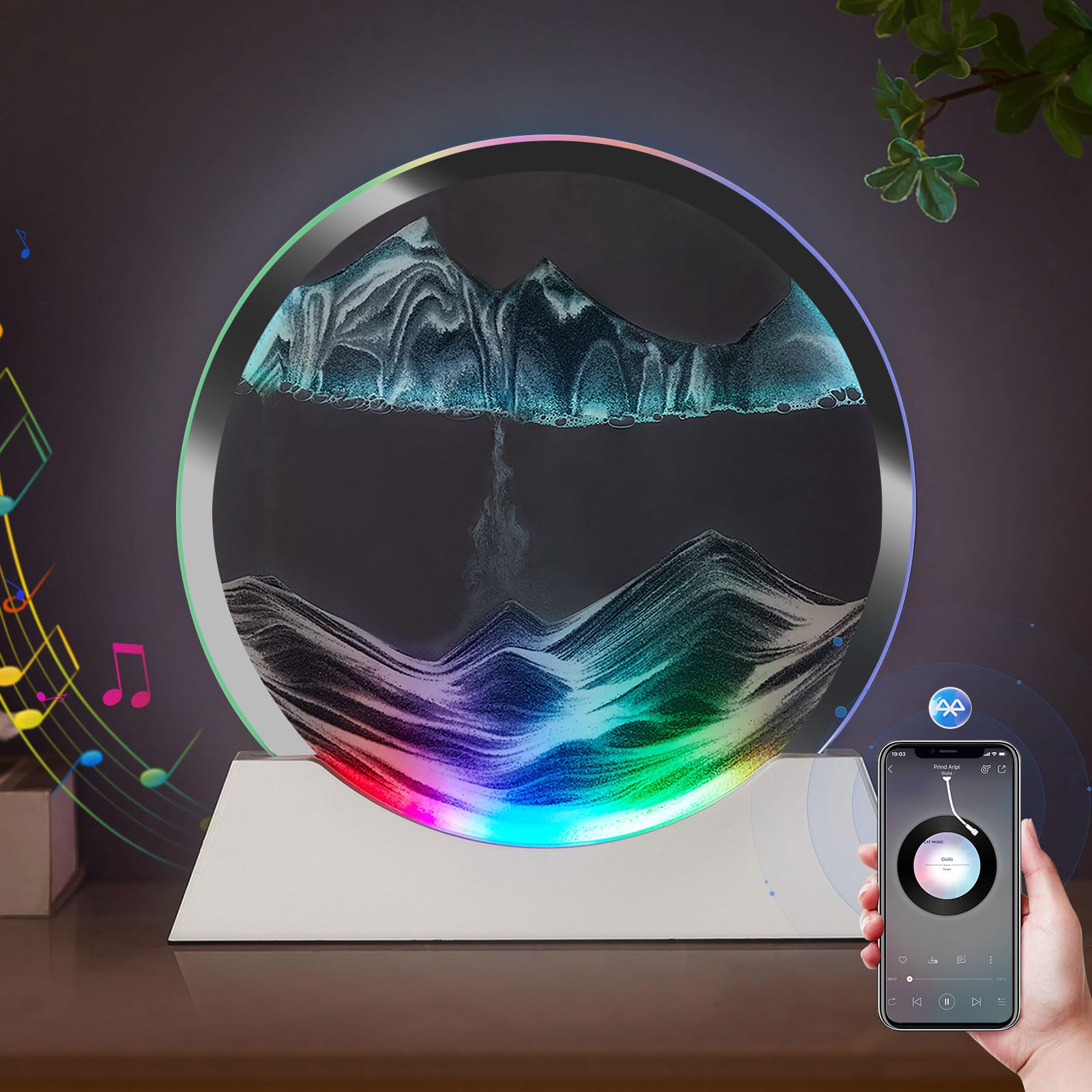 OLYWEI Moving Sand Art Bluetooth Speaker Bedside Dimmable Multi-Color Changing Bedside Lamp, Sand Art Lamp for Home Decor/Relaxation/Party/Music/Gift-Black