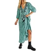Women Boho Floral Maxi Dress Puff Sleeve V Neck Long Dress Bohemian Flowy Tiered Dress Loose Fit Shirt Dress