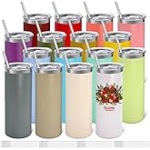 YOUKE OLA 16 Pack Stainless Steel Skinny Tumblers Bulk Straight Double Wall Powder Coated Insulated Tumbler with Lid and Straw for Laser Engrave, DIY Gift, 20oz Mix Colors