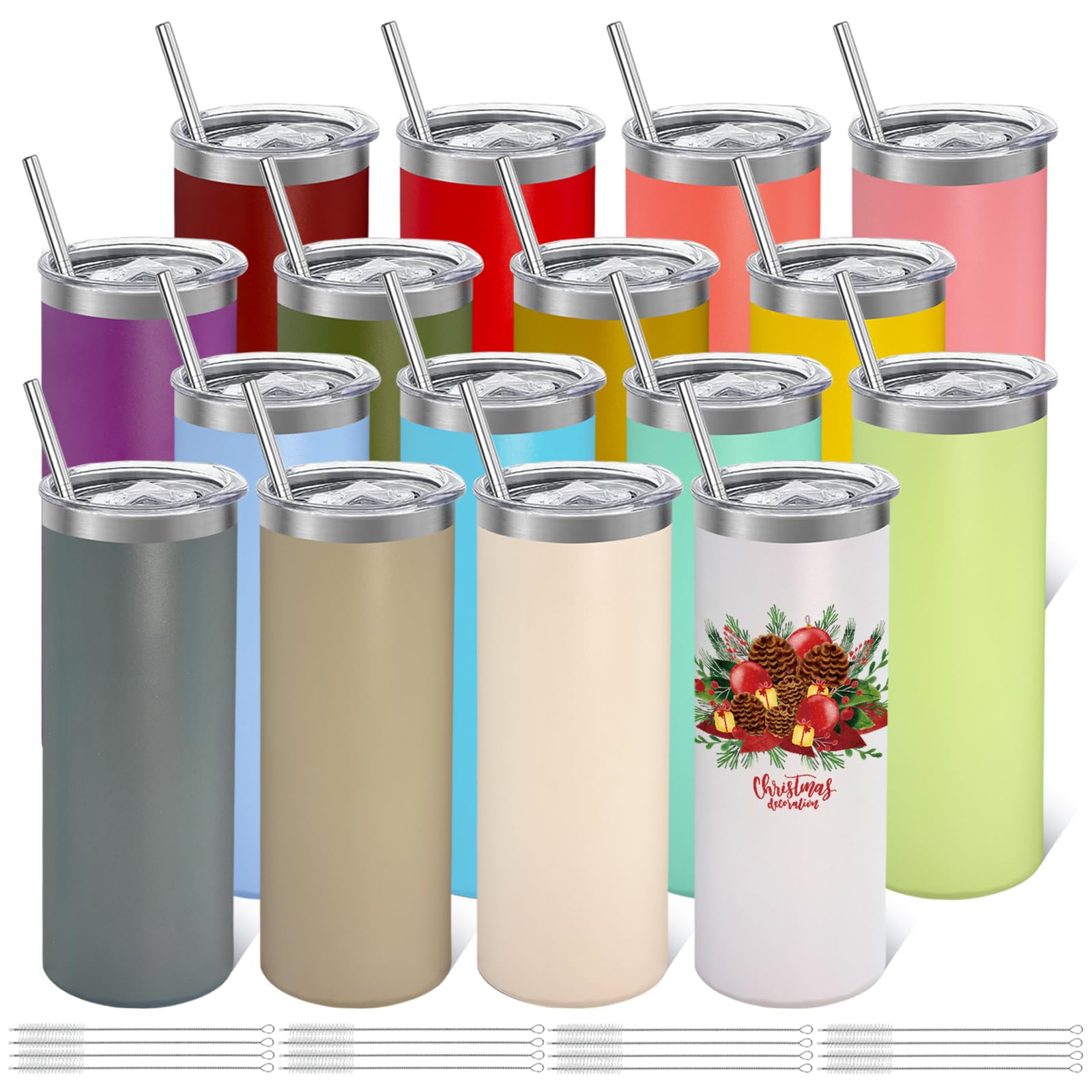 Photo 1 of YOUKE OLA 16 Pack Stainless Steel Skinny Tumblers Bulk Straight Double Wall Powder Coated Insulated Tumbler with Lid and Straw for Laser Engrave, DIY Gift, 20oz Mix Colors