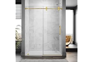UNIKOO 56"- 60" W×84" H Frameless Stainless Steel Sliding Shower Door in Satin Brass with 3/8" (10mm) Certified Tempered Clear Glass. The King Series UKS04-6084-SB