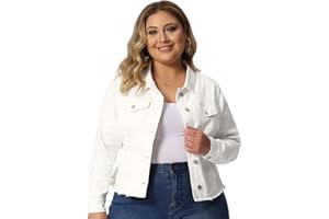 Agnes Orinda Women's Plus Size Classic Washed Front Frayed Denim Jacket