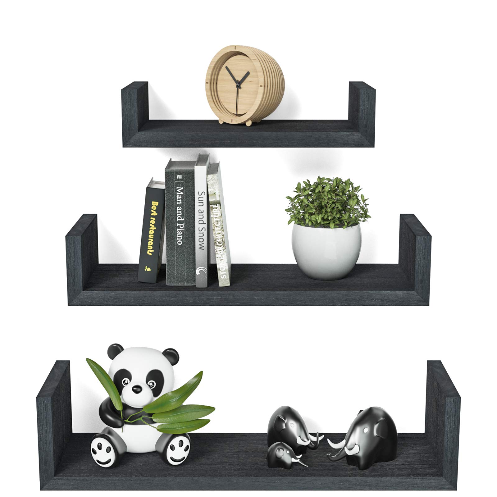 SRIWATANA Floating Shelves Wall Mounted Set of 3, Solid Wood Wall Shelves for Bedroom, Living Room, Bathroom, Kitchen, Office and more,Black