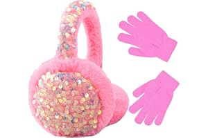 HYHFM Winter Ear Muffs Gloves Set for Kids with Adjustable Sequins Shiny Fluffy Warm Earmuffs for Kids Outdoor Cold Weather