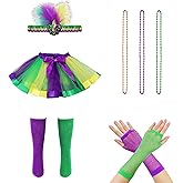 Heliltd 7Pcs Mardi Gras Costume Accessories Set Mardi Gras Tutus Skirt Feather Headband Mardi Gras Beads Necklaces Long Socks Fingerless Fishnet Gloves for Costume Party