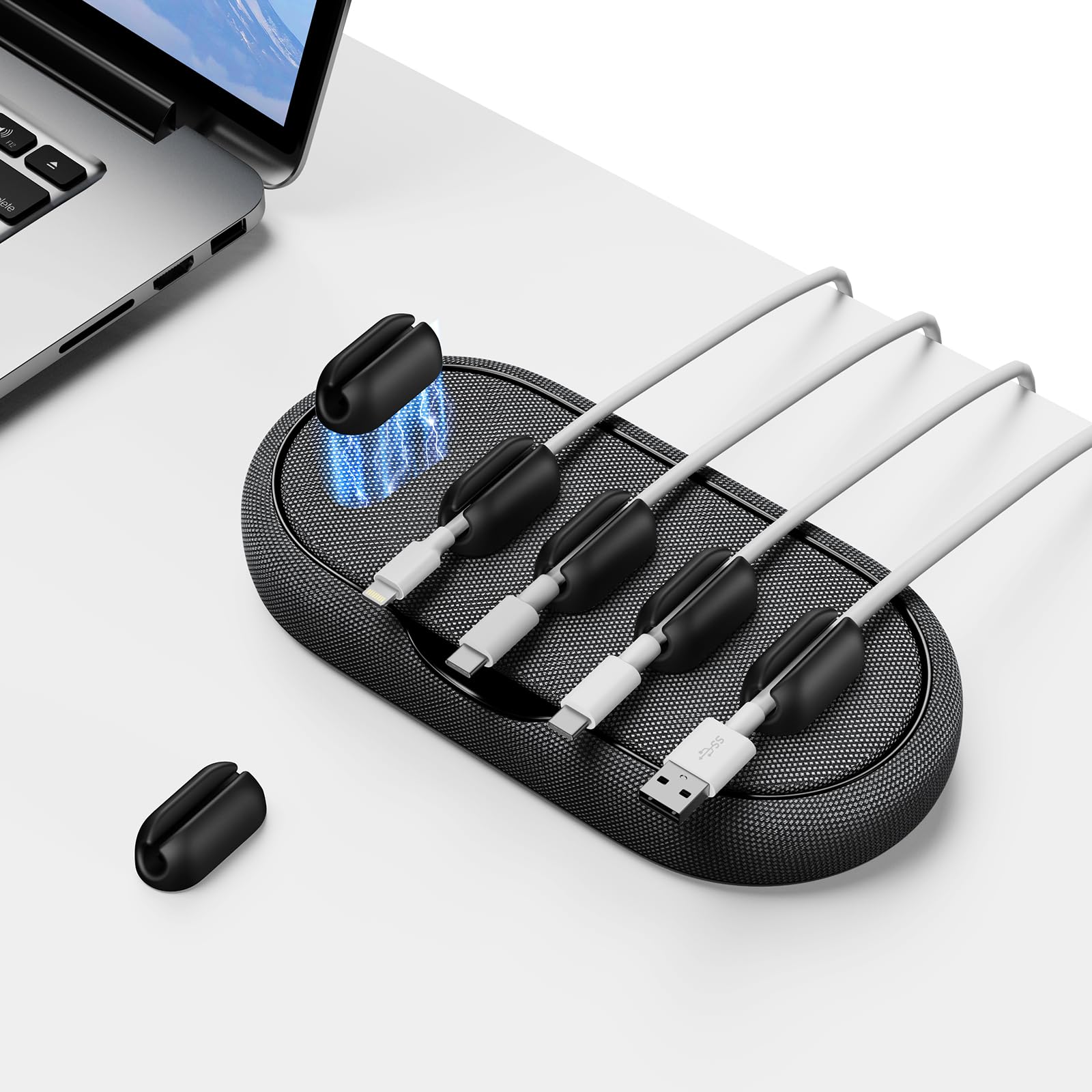 smofish Magnetic Cord Holder, Cable Management Cord Organizer Keeper, Desk Wire Holder with 6 Magnetic Cable Clips, Charger Cable Clips for Home Office, Lightning/USB C/Micro Cable, Black