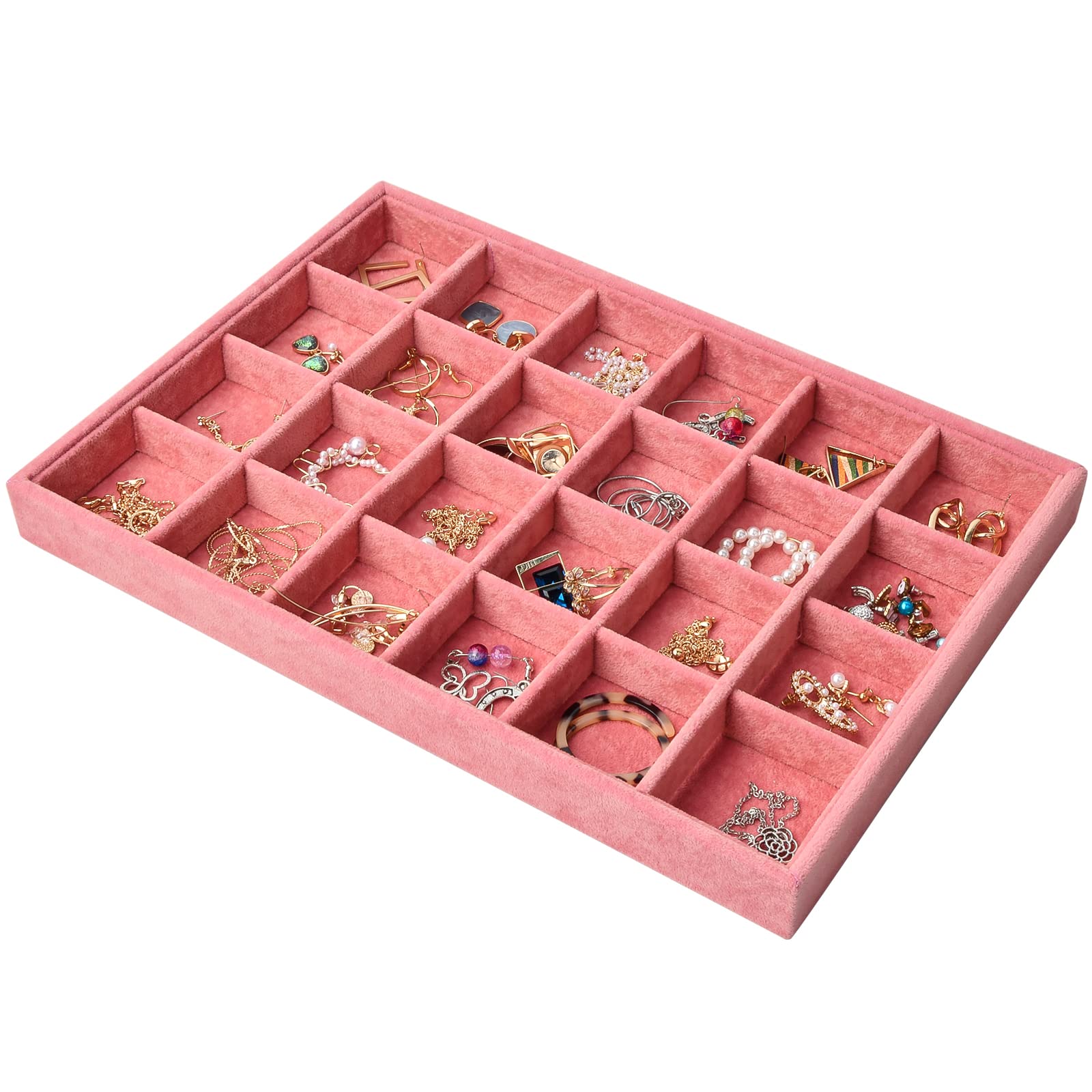 Catime 24 Grids Velvet Jewellery Tray for Drawers, Stackable Jewelry Storage Tray Organiser, Removable Jewelry Display Trays for Ring Bracelet Earring Necklace, 35x24x3cm (Pink)