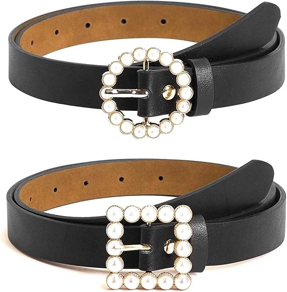 2 pack women's black belt faux pearl buckle, length 41.3 inches, width