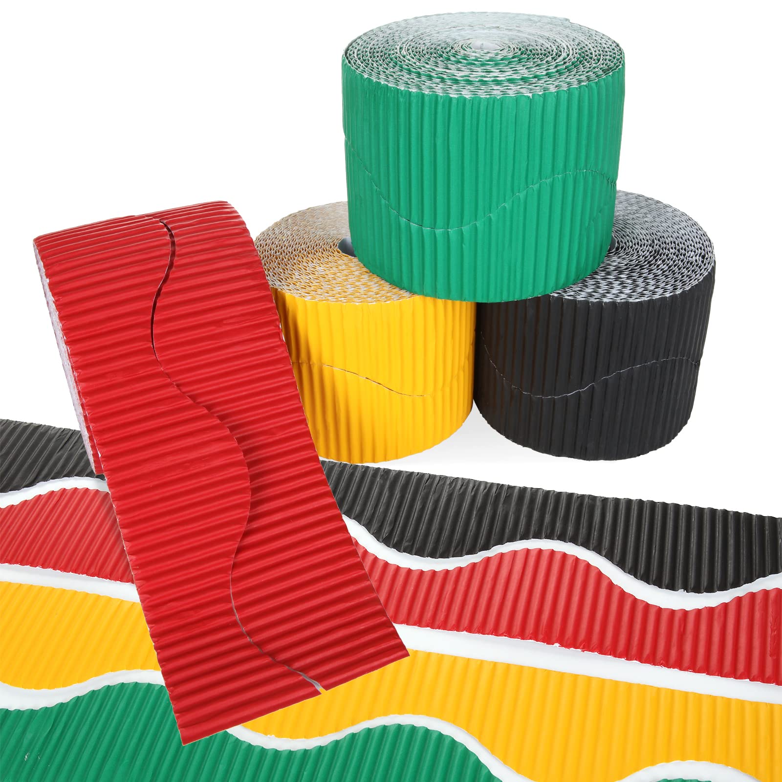 FWEEK 4PCS Corrugated Border Rolls, Scalloped Edge Border Rolls for School Displays, Classroom Decorations and Bulletin Boards - Red, Yellow, Green, Black, 5cm x 7.5m