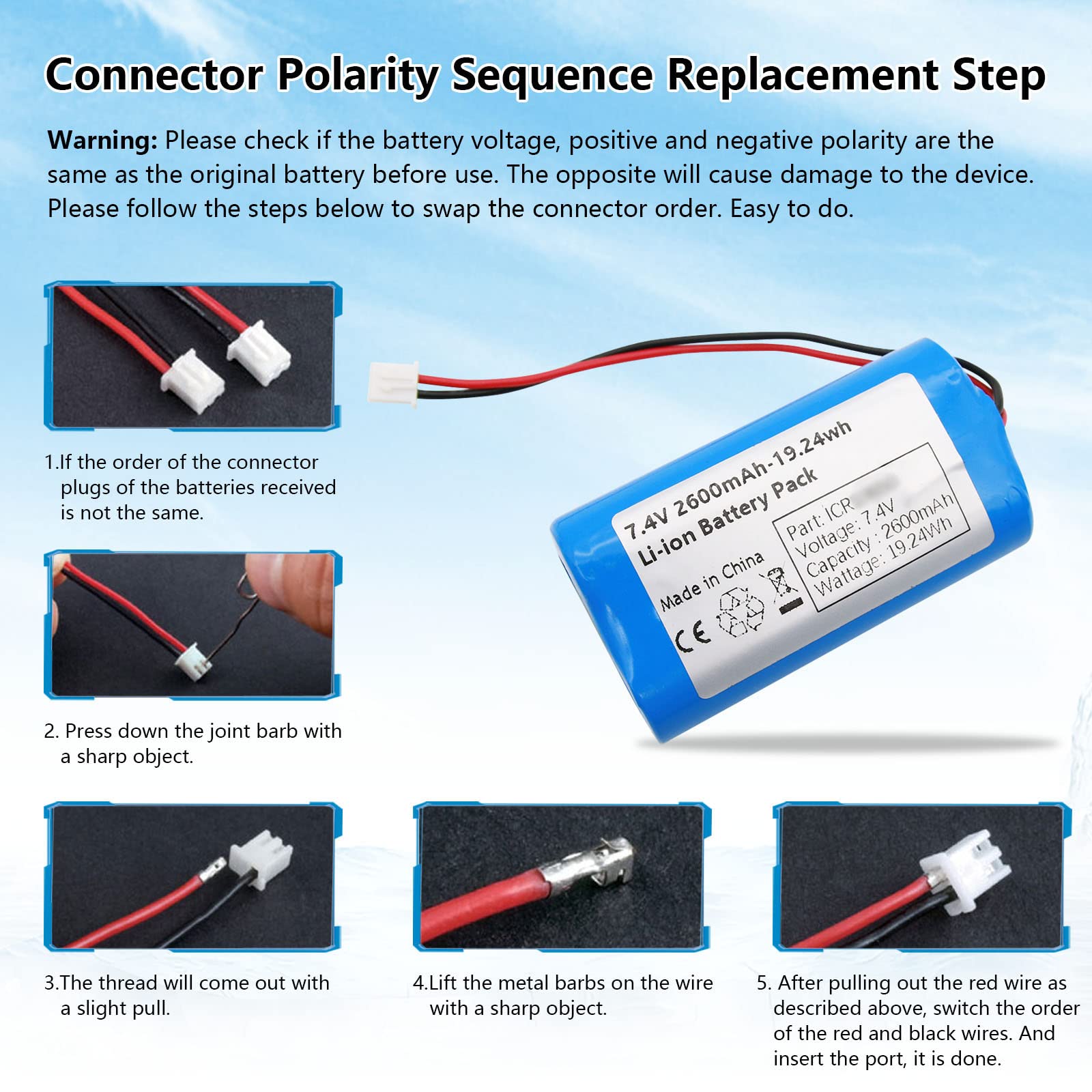 7.4V 2600mah-19.24Wh Rechargeable Li-ion Battery Pack, Replacement Batteries with XH2.54-2P Connector, for DIY Electronics Products, Toys, Lighting, Equipment