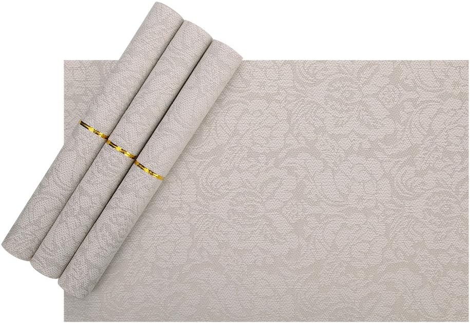 meluoher Fabric Plastic PVC Vinyl Placemats Table Place Mats, Non-Slip mat-double Border Dining Room Placemats Heat Insulation, Stain Resistant, Checker Champagne (Set of 4) 17.7*11.8 inches white
