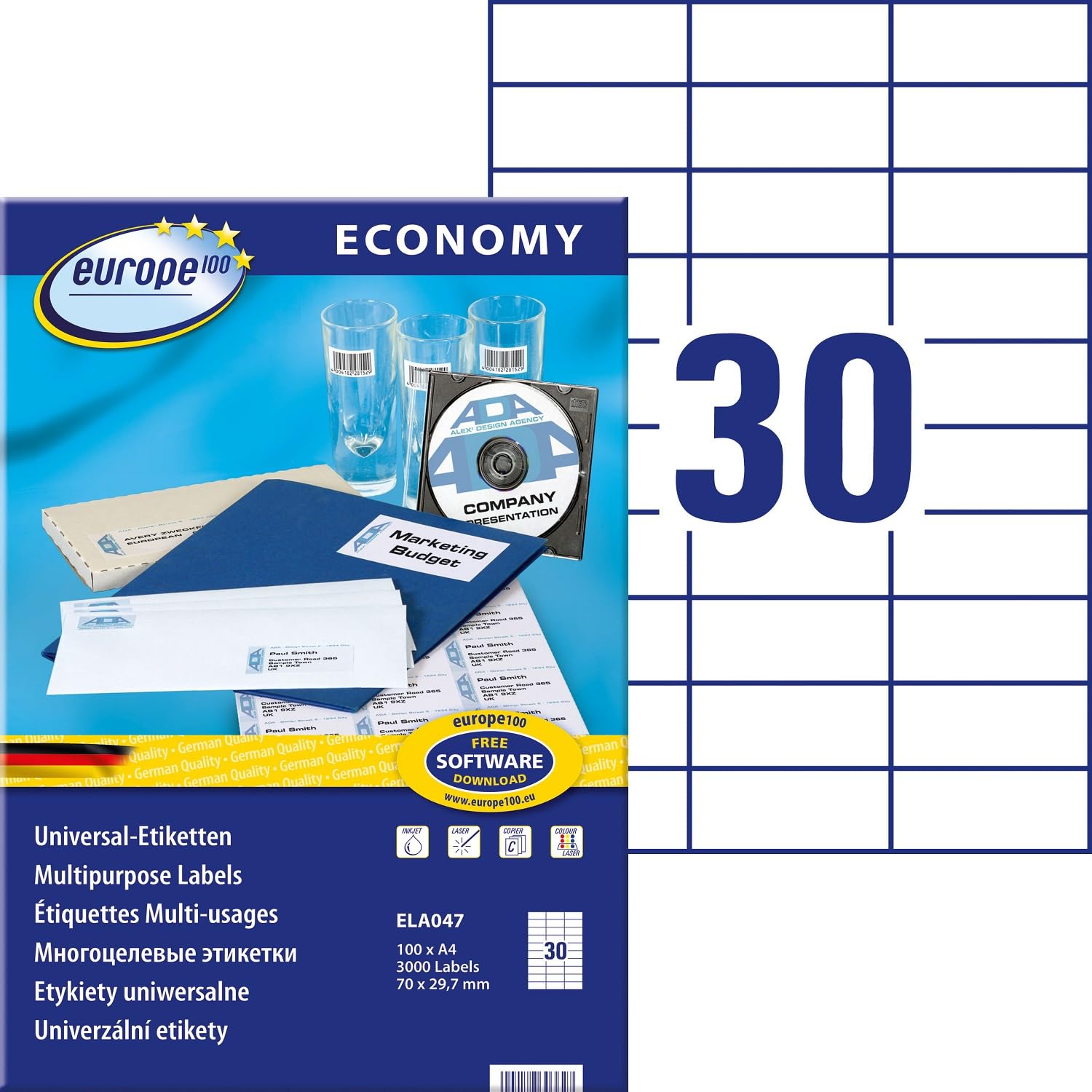 europe100 ELA001 Universal Labels 38 x 21.2 mm 70 x 29.7 mm
