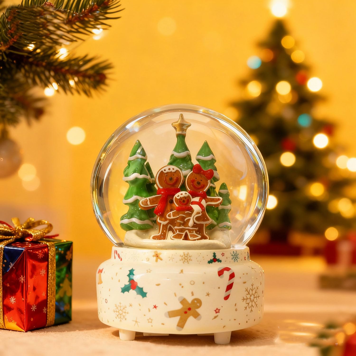 GIYBIGM 6.5Inch Height Christmas Snow Globe with Gingerbread Man House on Ceramic Base LED Light Musical Snowflakes Holiday Decoration, Holiday Home Decor, Large Water Globe.