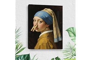 Funny Girl with a Pearl Earring Bathroom Canvas Wall Art Pinching Nose Wall Decor Humor Girl Painting Picture Whimsical Amusi